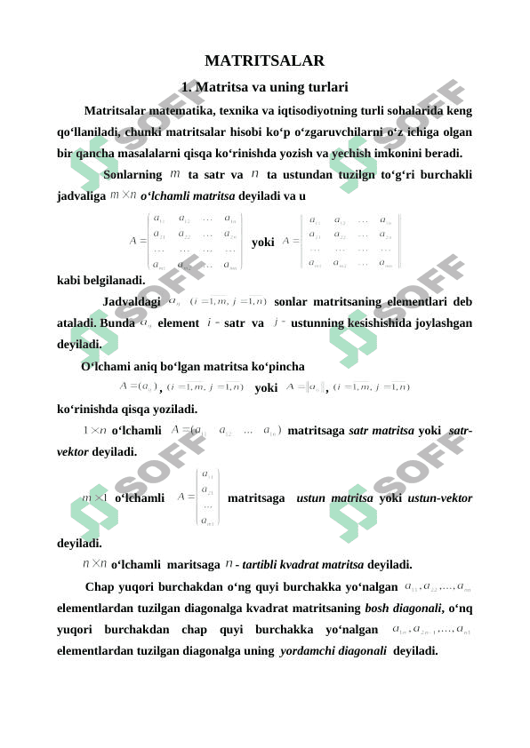 MATRITSALAR. MATEMATIKADA MATRITSA 1