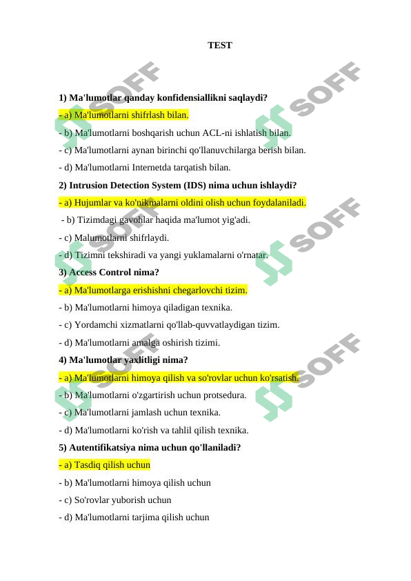 Axborot xavfsizligi fanidan test 1