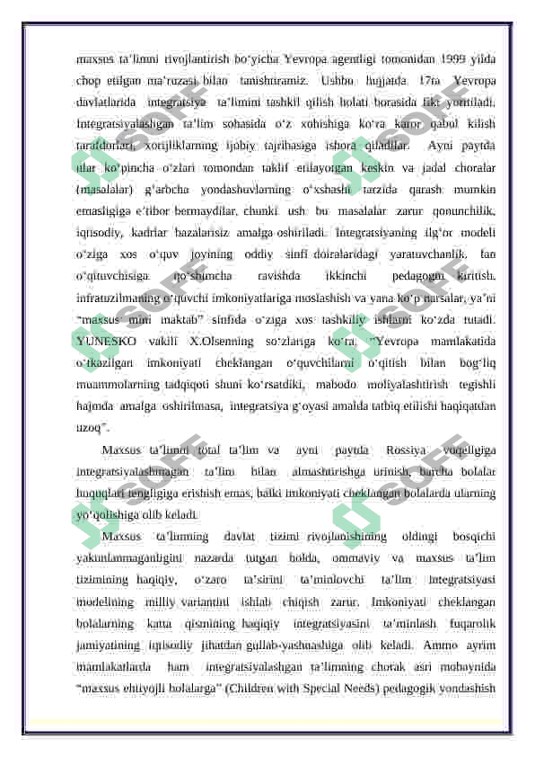Alohida yordamga muhtoj bolalarda rivojlanishdagi nuqsonining chuqurligi va tuzilishiga qarab inklyuziya modellarini tanlash 3