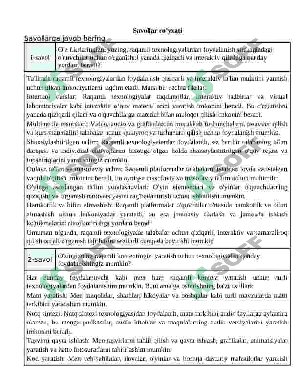 BookWidgets-da yaratilgan topshiriq uchun jadval. 2