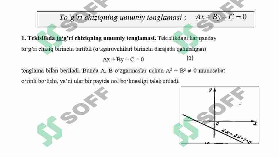 Tekislikda chiziq tenglamasi. T o'g'ri chiziq tenglamasi. T o'g'ri chiziqlarning paralellik va perpendikulyarlik shartlari. 2