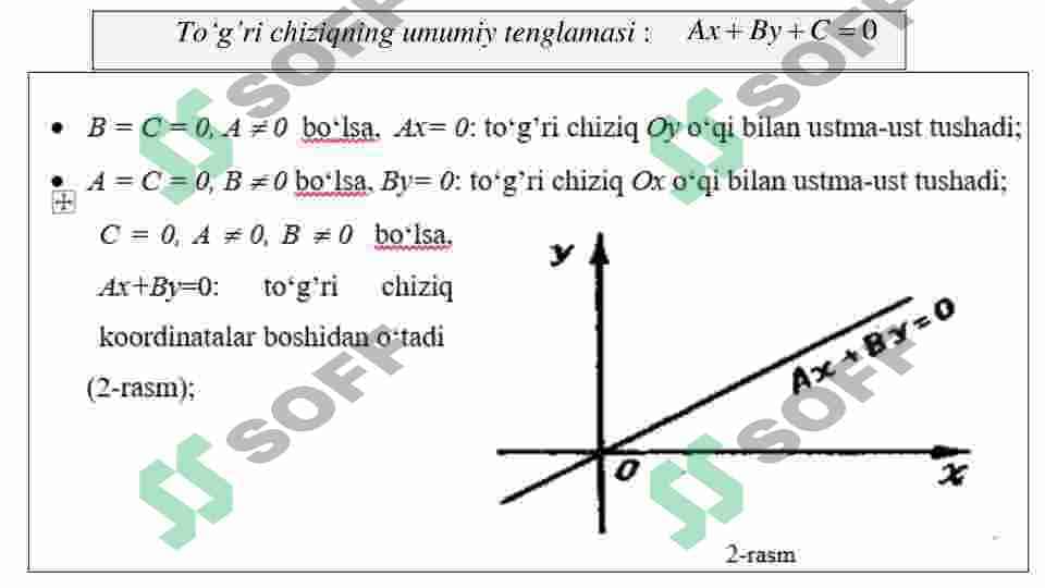 Tekislikda chiziq tenglamasi. T o'g'ri chiziq tenglamasi. T o'g'ri chiziqlarning paralellik va perpendikulyarlik shartlari. 3