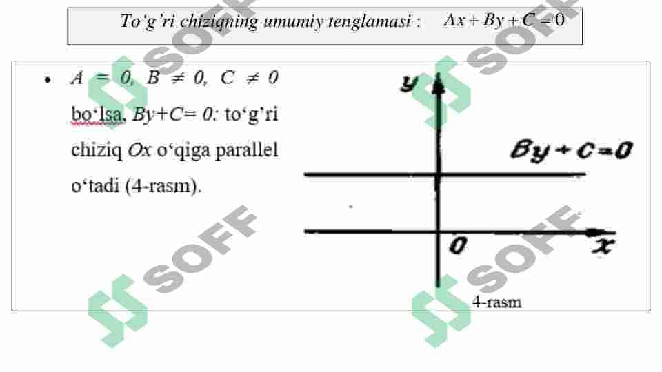Tekislikda chiziq tenglamasi. T o'g'ri chiziq tenglamasi. T o'g'ri chiziqlarning paralellik va perpendikulyarlik shartlari. 5