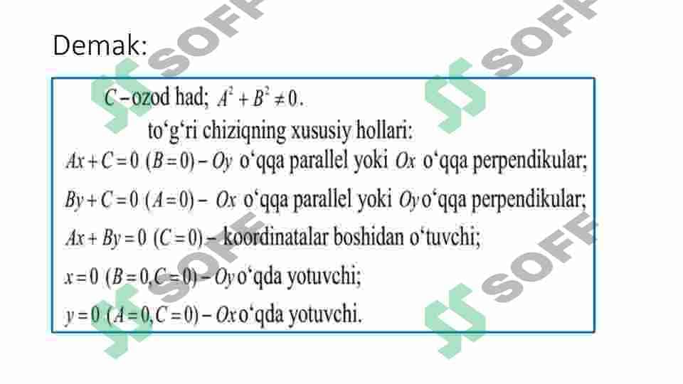 Tekislikda chiziq tenglamasi. T o'g'ri chiziq tenglamasi. T o'g'ri chiziqlarning paralellik va perpendikulyarlik shartlari. 6
