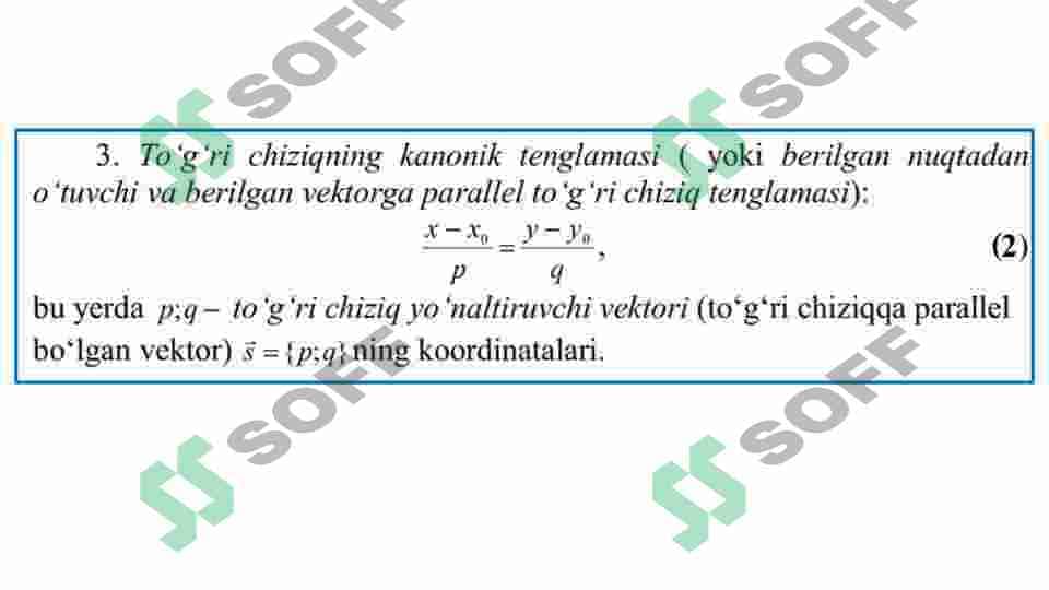 Tekislikda chiziq tenglamasi. T o'g'ri chiziq tenglamasi. T o'g'ri chiziqlarning paralellik va perpendikulyarlik shartlari. 7