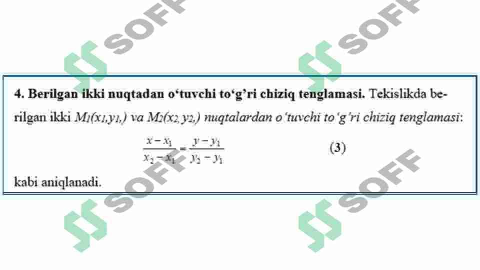 Tekislikda chiziq tenglamasi. T o'g'ri chiziq tenglamasi. T o'g'ri chiziqlarning paralellik va perpendikulyarlik shartlari. 8