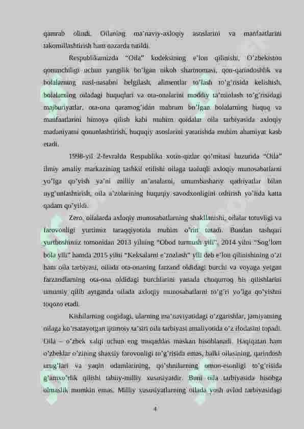 " OILADA BOLALARNI MA’NAVIY-AXLOQIY TARBIYALASHDA MILLIY QADRIYATLARDAN FOYDALANISH 4