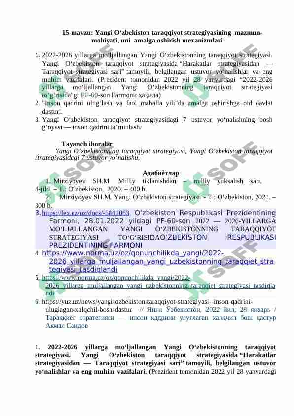 Yangi O‘zbekiston taraqqiyot strategiyasining mazmun-mohiyati, uni amalga oshirish mexanizmlari