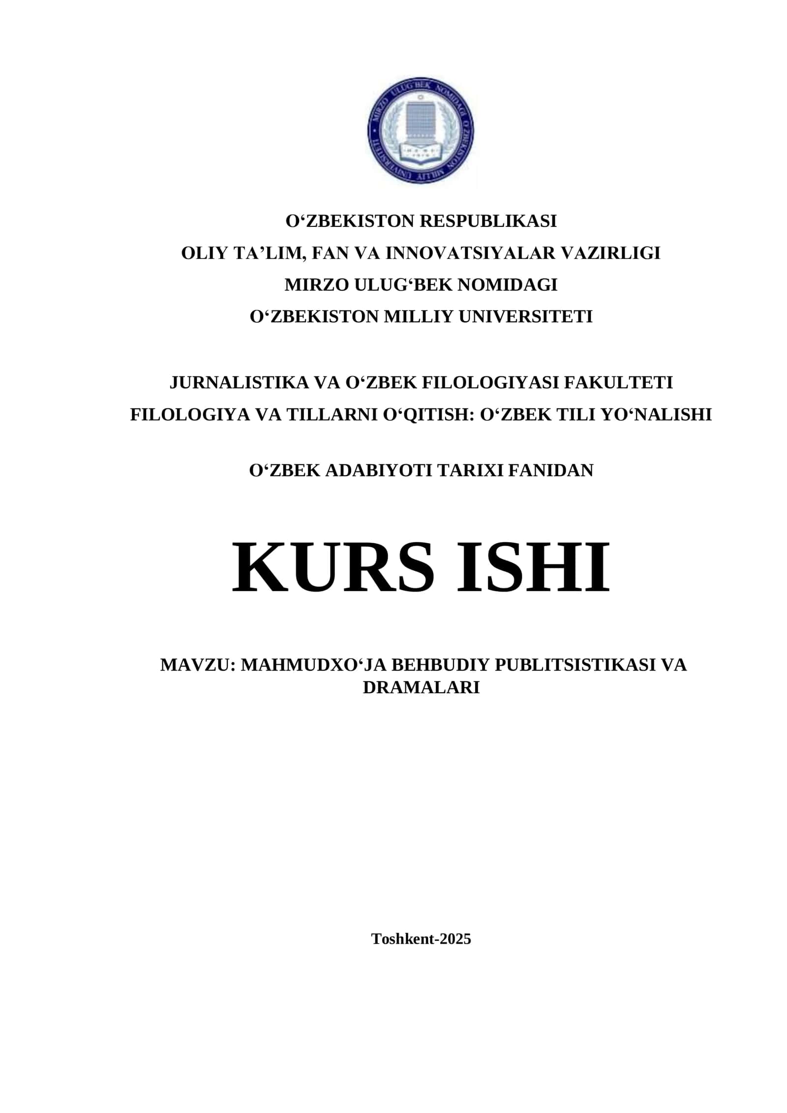 MAHMUDXO‘JA BEHBUDIY PUBLITSISTIKASI VA DRAMALARI 1