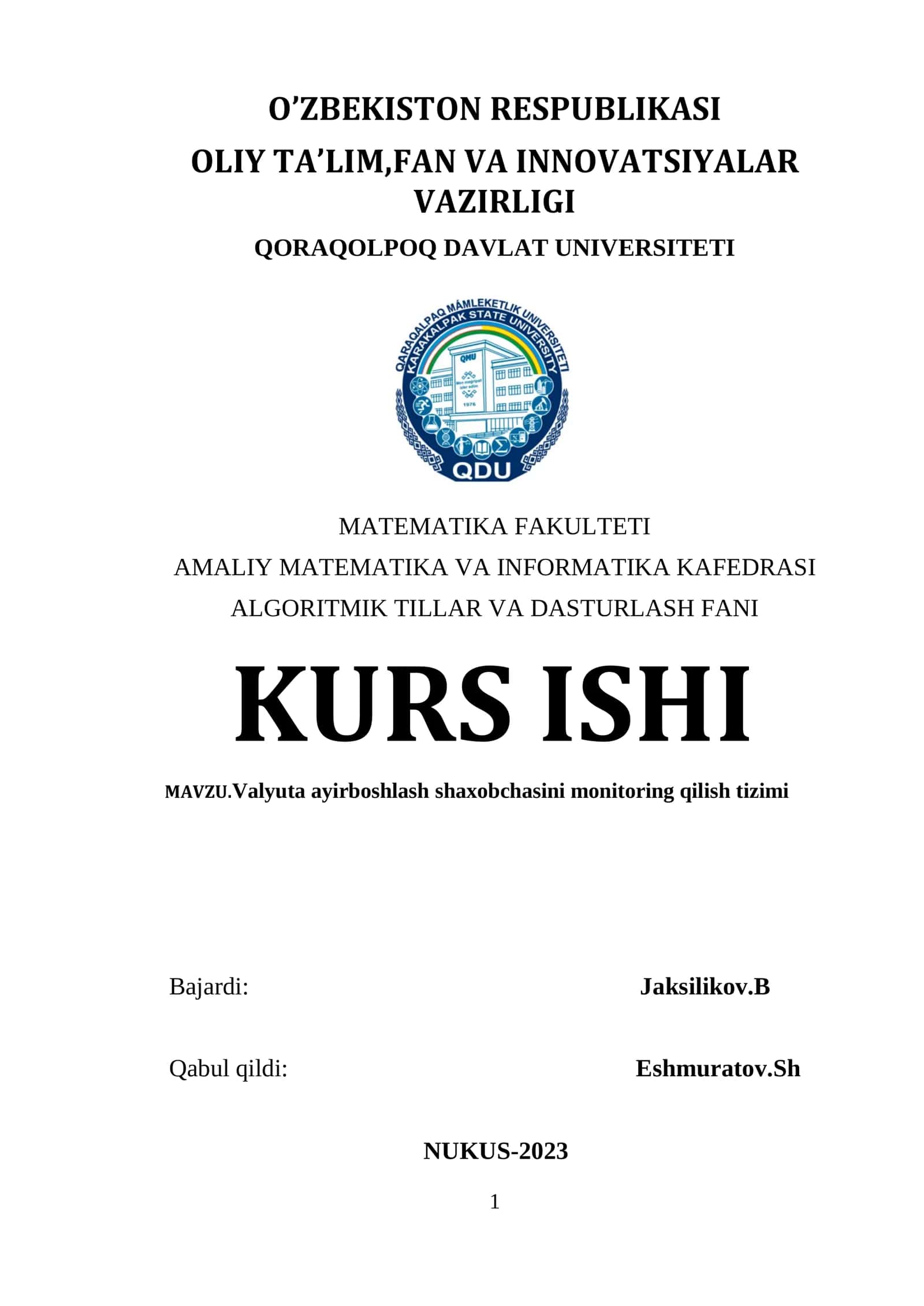 Valyuta ayirboshlash shaxobchasini monitoring qilish tizimi 1