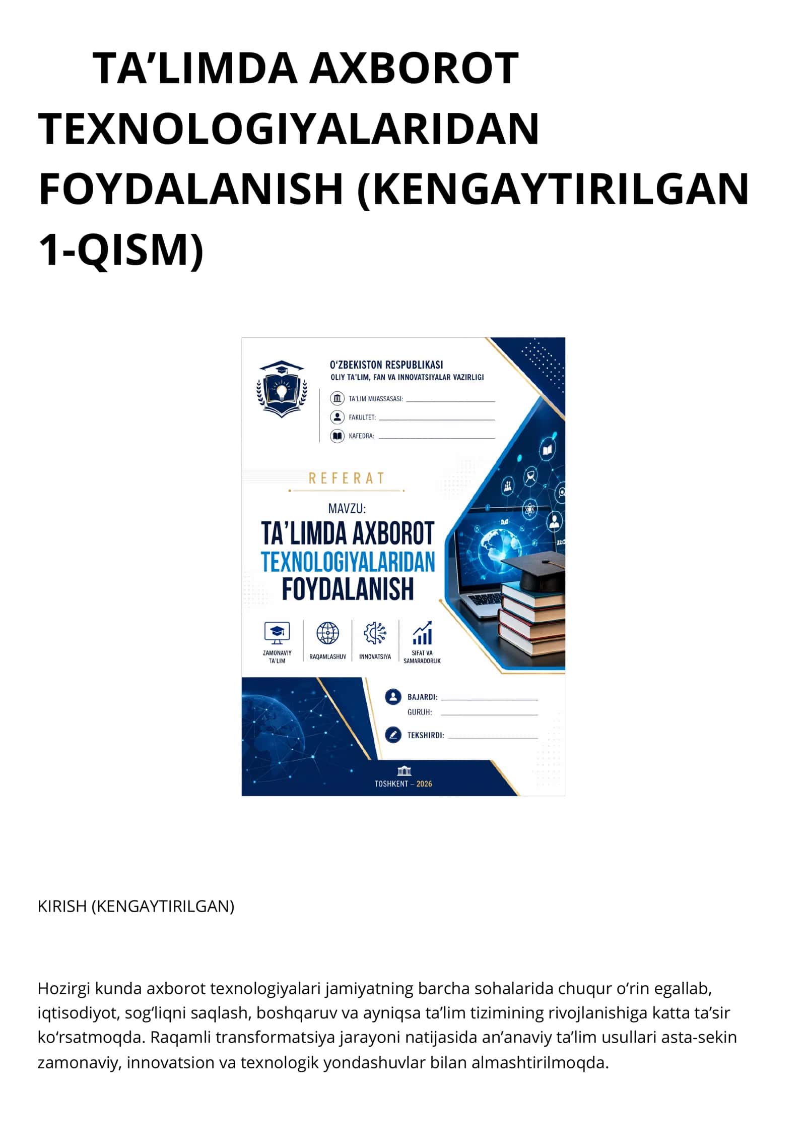 TA’LIMDA AXBOROT TEXNOLOGIYALARIDAN FOYDALANISH 1