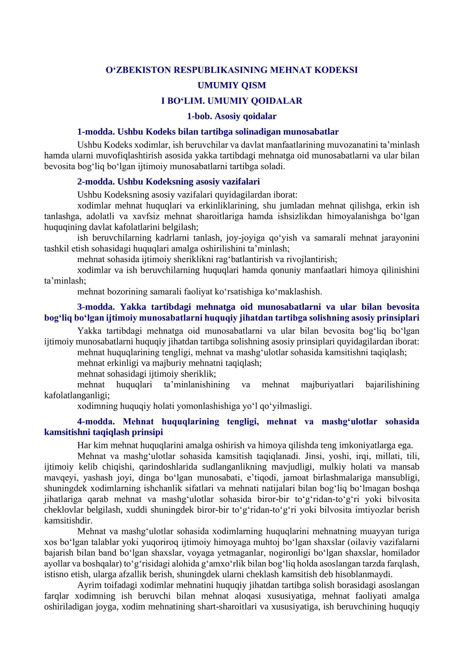 O‘ZBEKISTON RESPUBLIKASINING MEHNAT KODEKSI 1