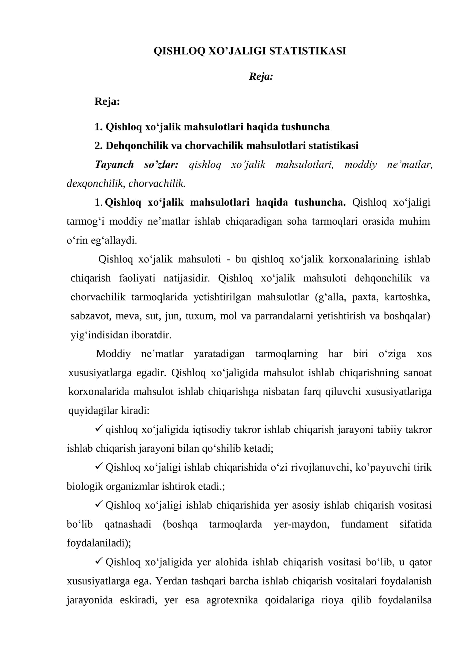 QISHLOQ XO’JALIGI STATISTIKASI 1