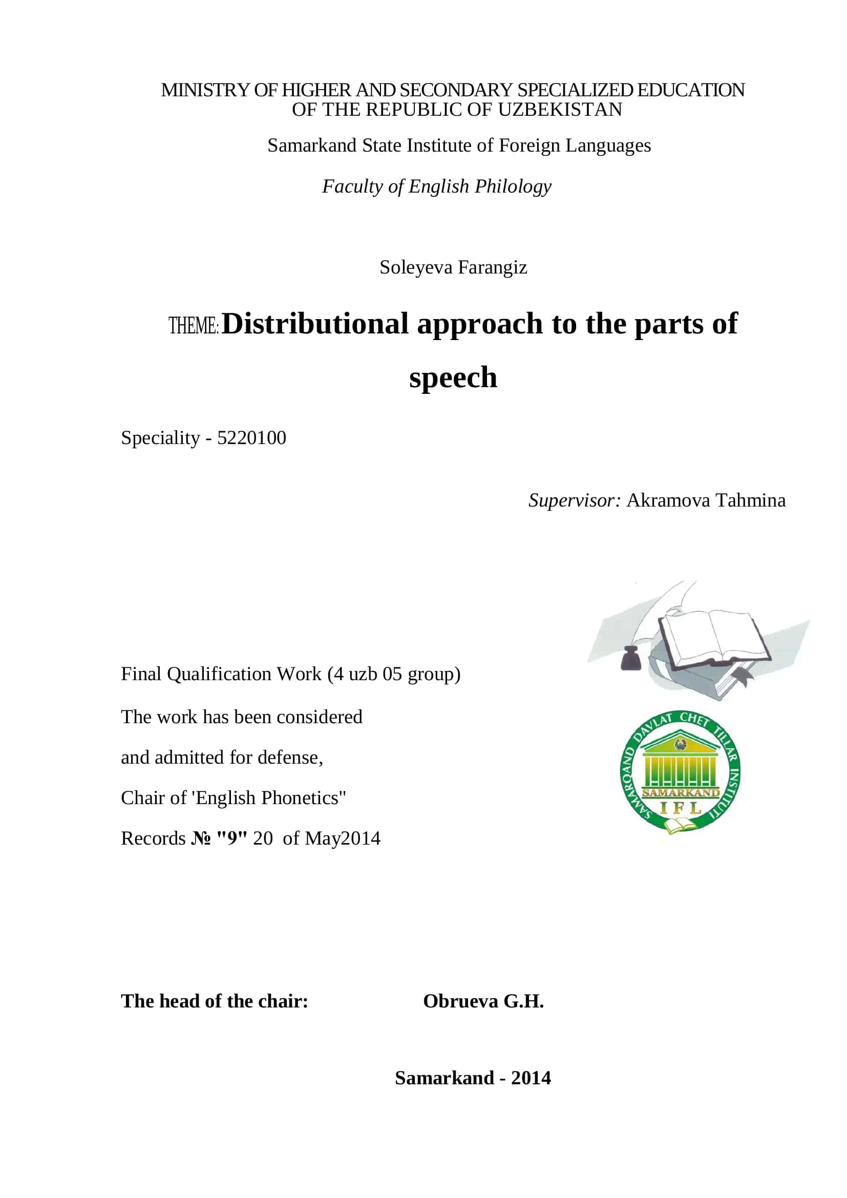Distributional approach to the parts of speech 1
