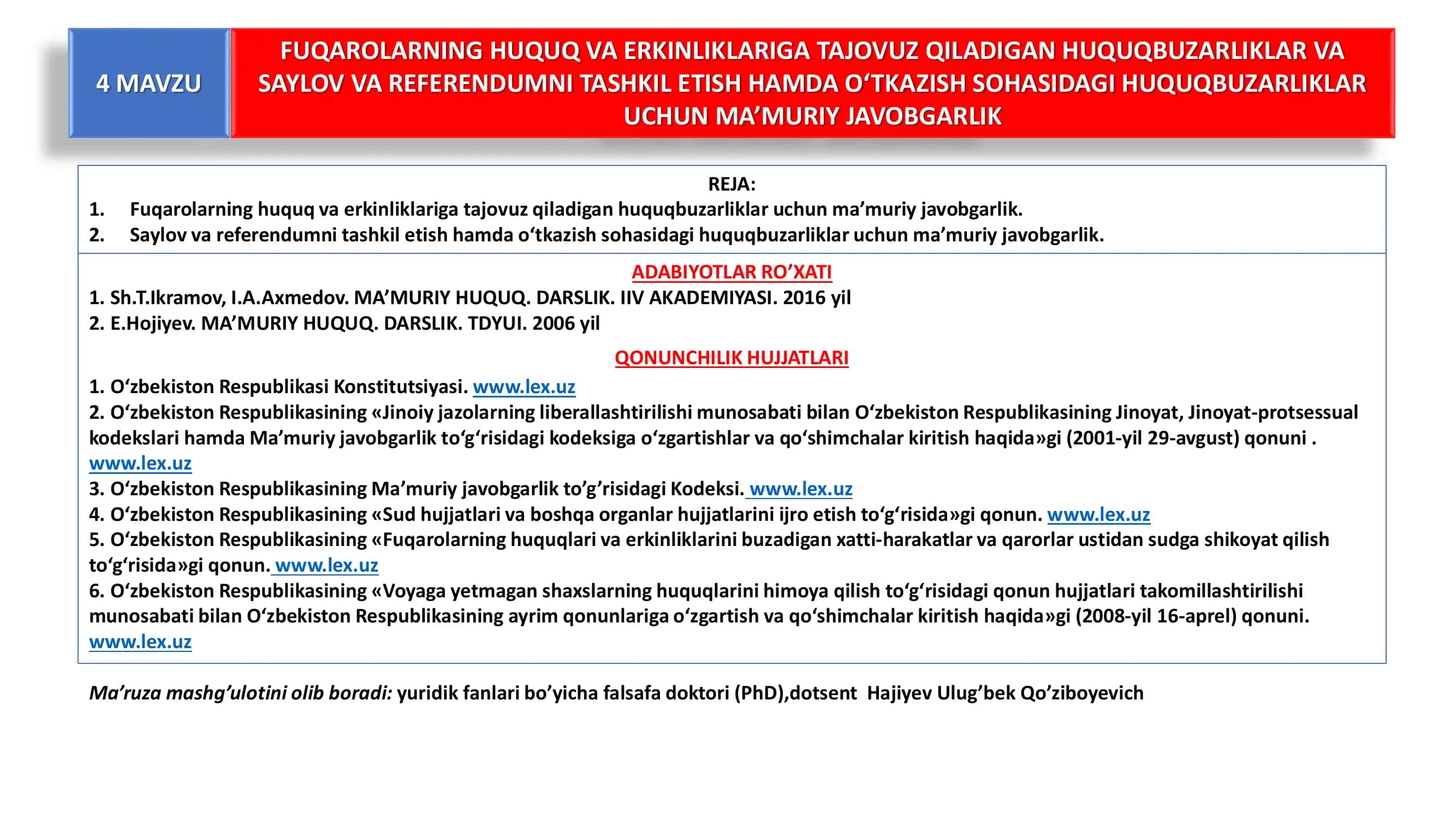 Fuqarolarning huquq va erkinliklariga tajovuz qiladigan huquqbuzarliklar va saylov va referendumni tashkil etish hamda o‘tkazish sohasidagi huquqbuzarliklar uchun ma’muriy javobgarlik 1