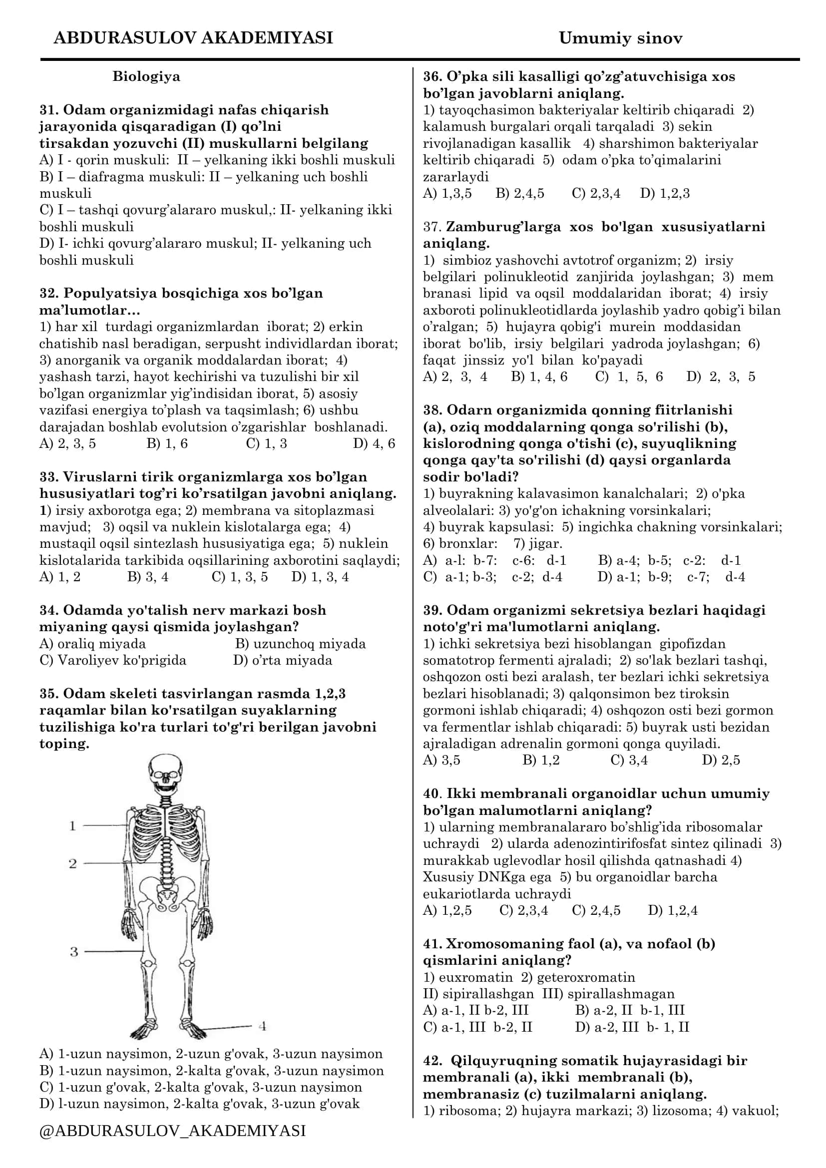 ABDURASULOV AKADEMIYASI Umumiy sinov 1