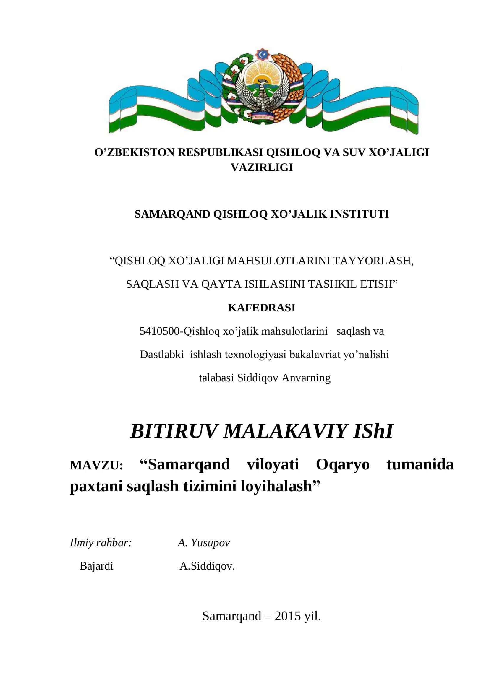 Qishloq xo'jaligi mahsulotlarini saqlash va Dastlabki ishlash texnologiyasi 1