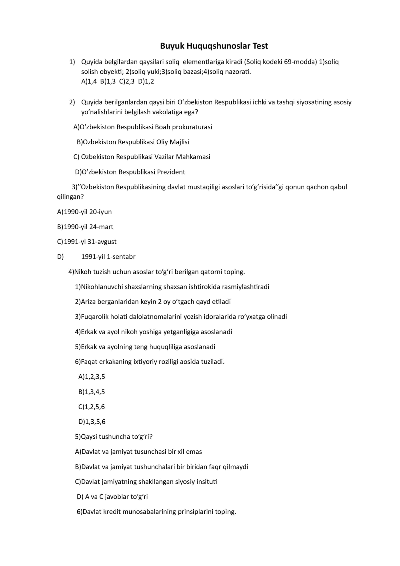 Buyuk Huquqshunoslar Test 1
