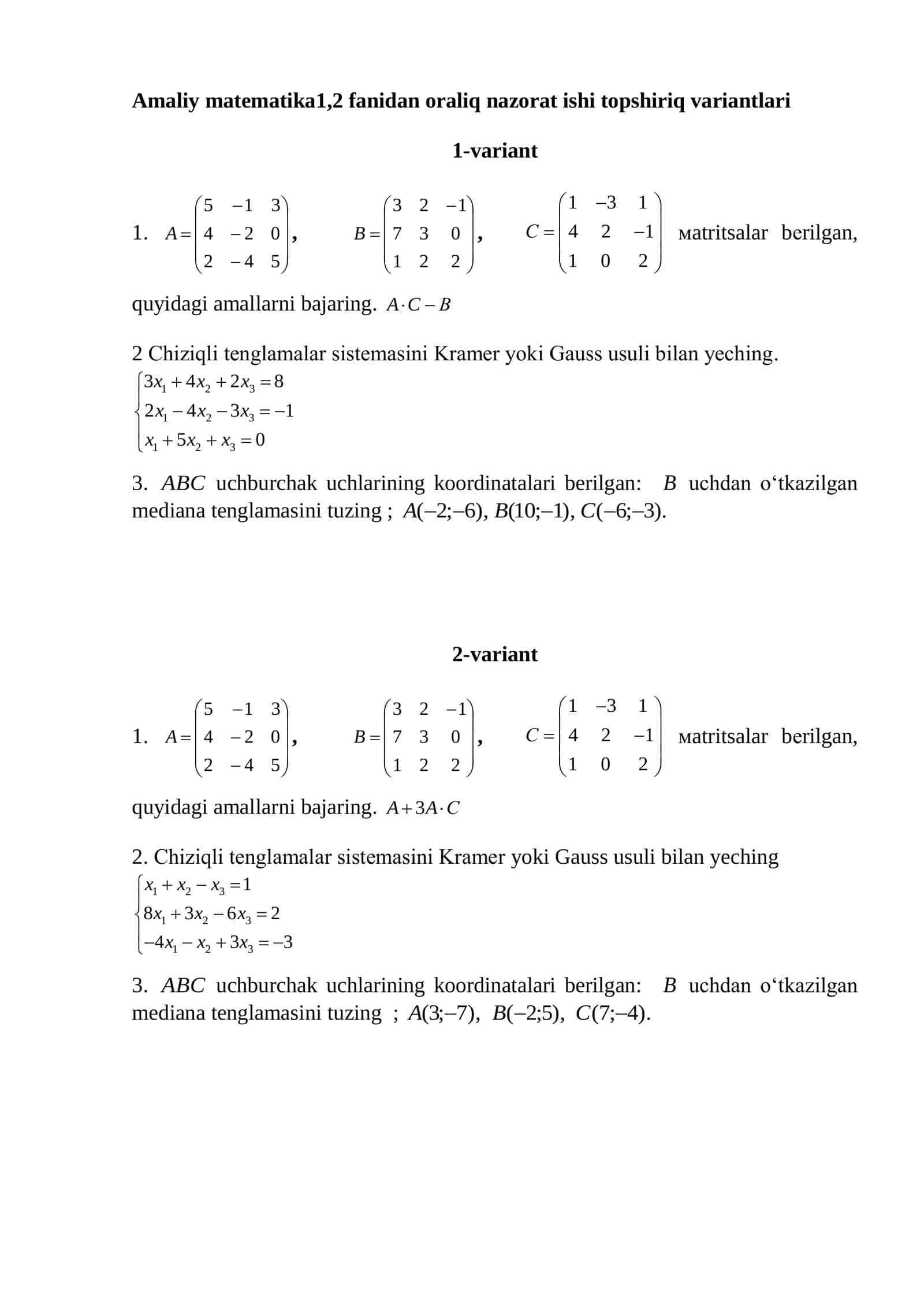 Amaliy matematika1,2 fanidan oraliq nazorat ishi topshiriq variantlari 1