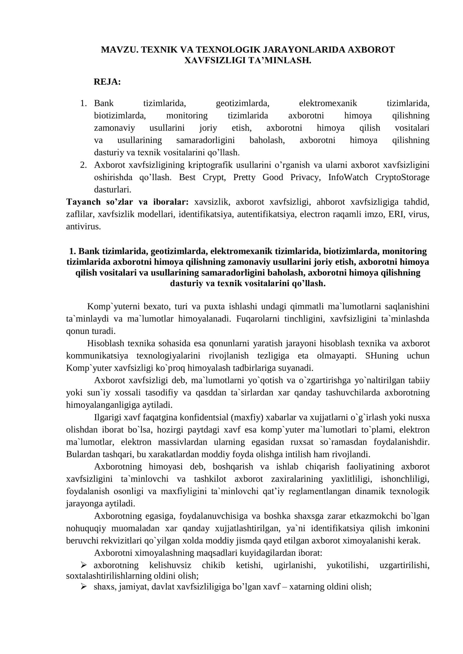 TEXNIK VA TEXNOLOGIK JARAYONLARIDA AXBOROT XAVFSIZLIGI TA’MINLASH 1