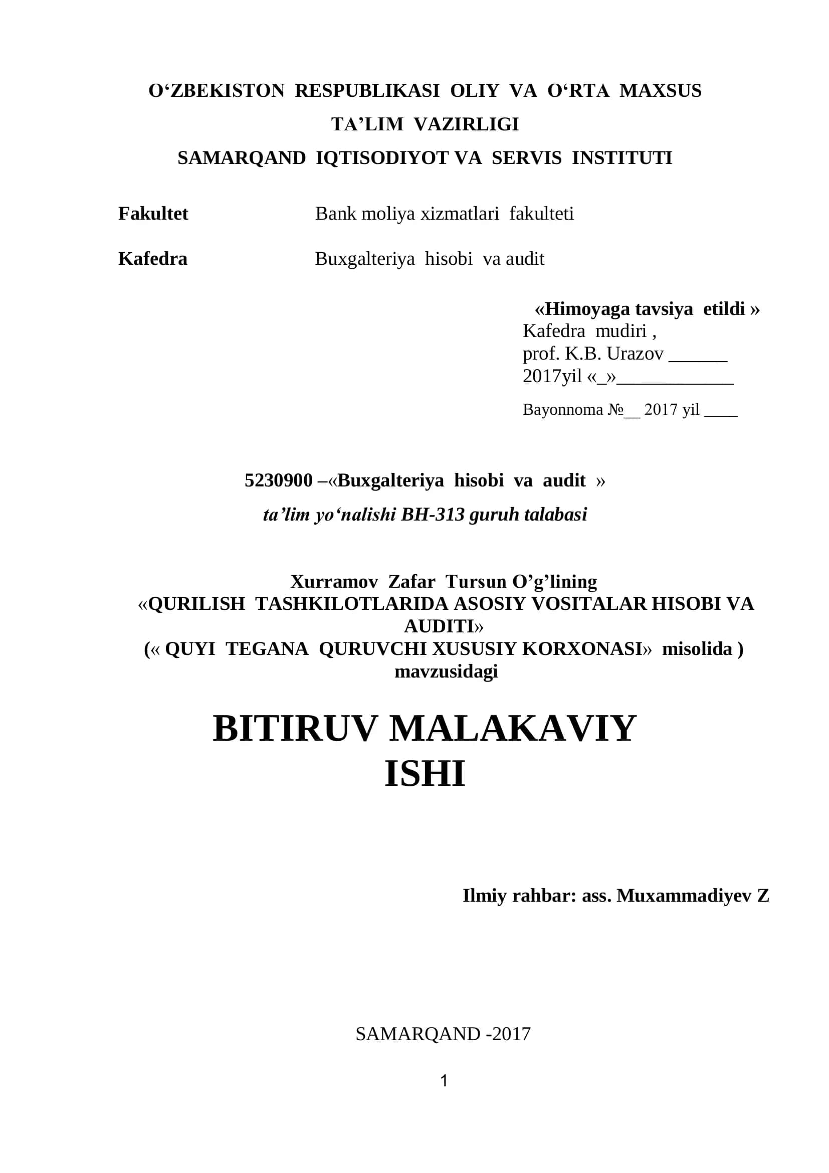 QURILISH TASHKILOTLARIDA ASOSIY VOSITALAR HISOBI VA AUDITI 1