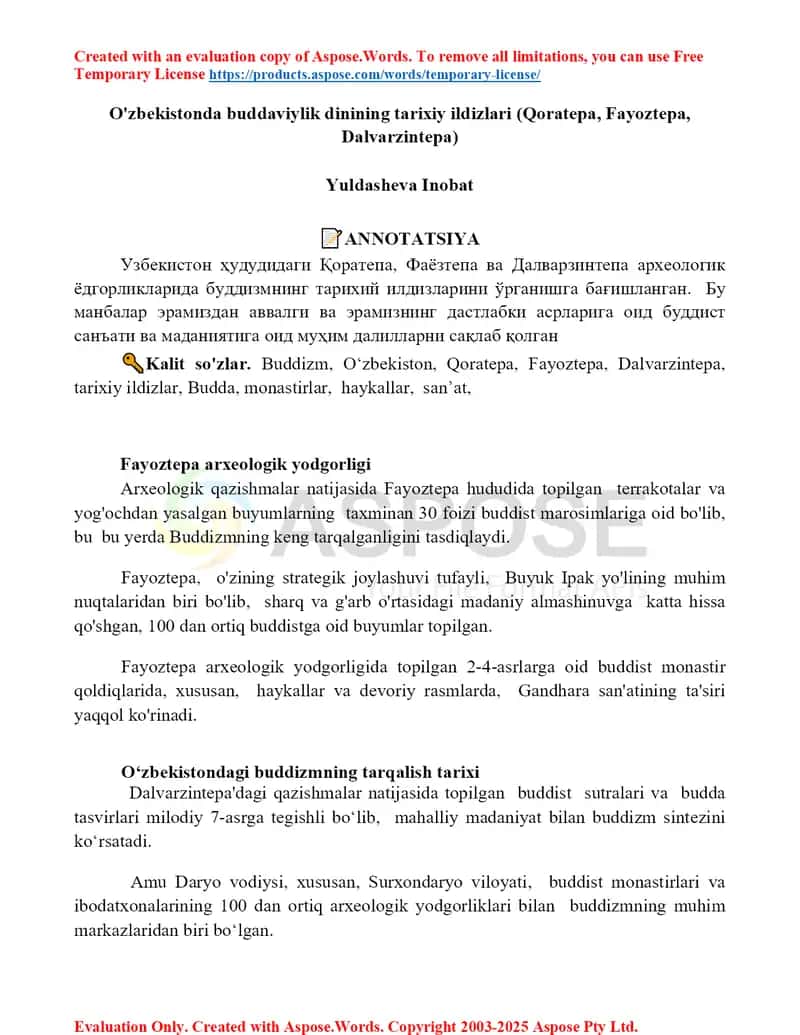 O'zbekistonda buddaviylik dinining tarixiy ildizlari (Qoratepa, Fayoztepa, Dalvarzintepa) 1