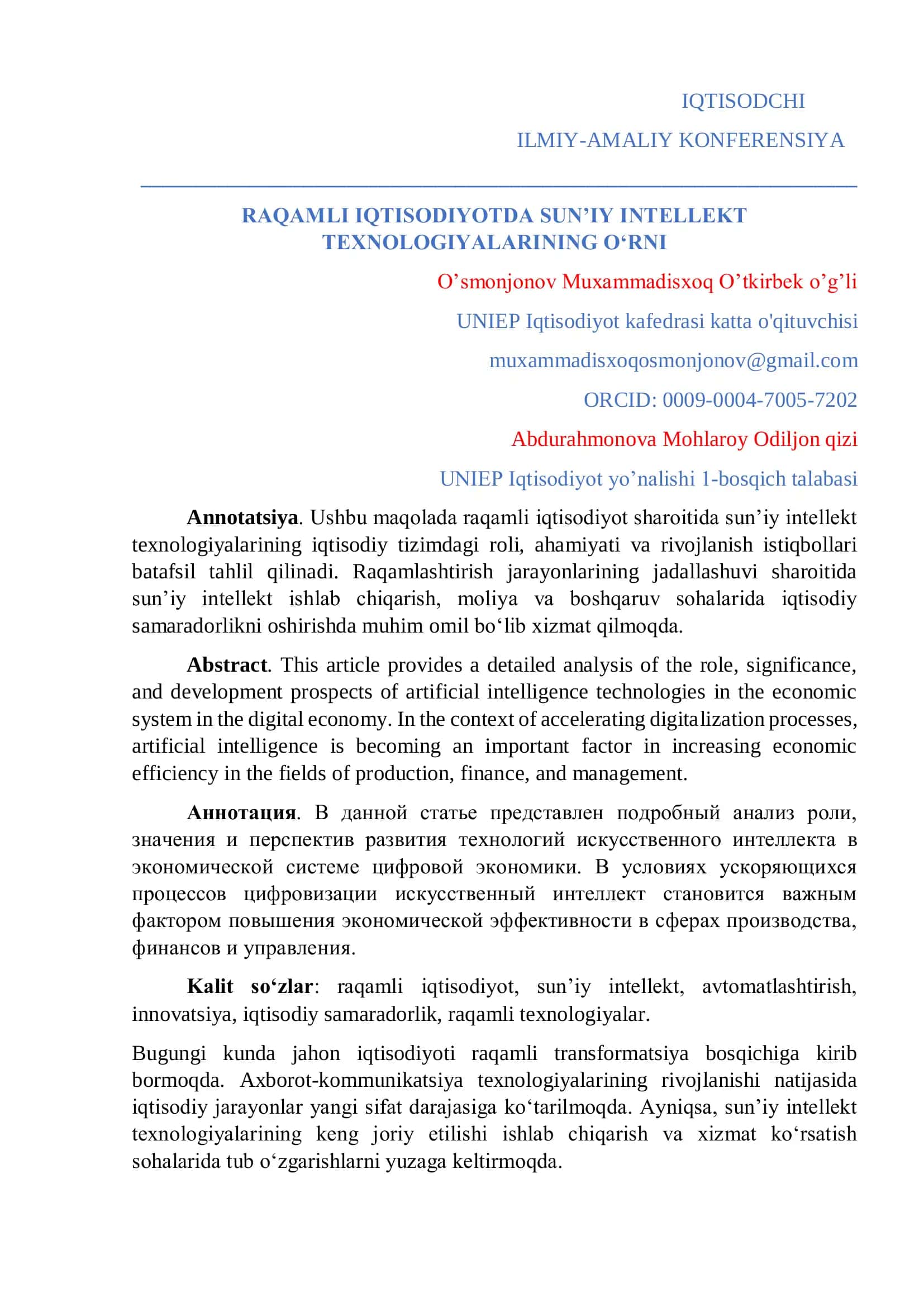 RAQAMLI IQTISODIYOTDA SUN’IY INTELLEKT TEXNOLOGIYALARINING O‘RNI 1