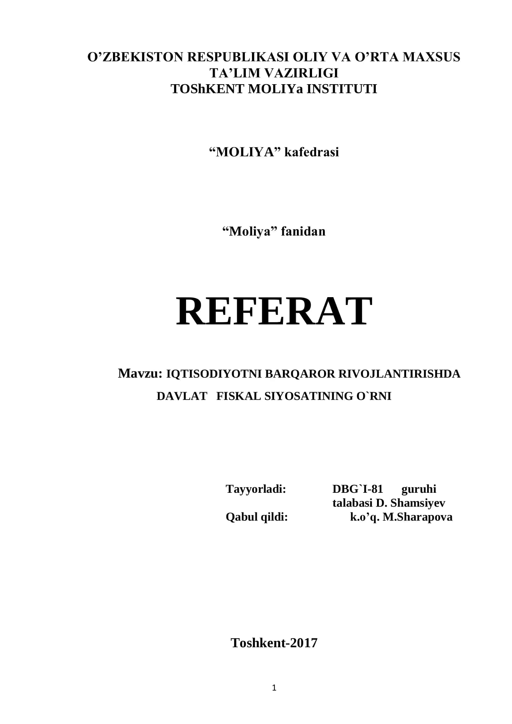 IQTISODIYOTNI BARQAROR RIVOJLANTIRISHDA DAVALAT FISKAL SIYOSATINING O`RNI 1