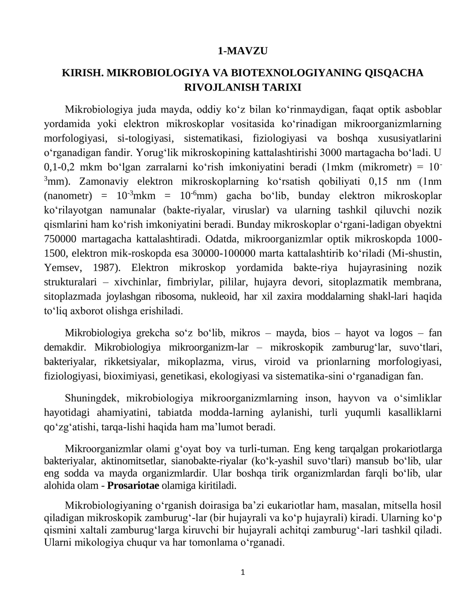 MIKROBIOLOGIYA VA BIOTEXNOLOGIYANING QISQACHA RIVOJLANISH TARIXI 1