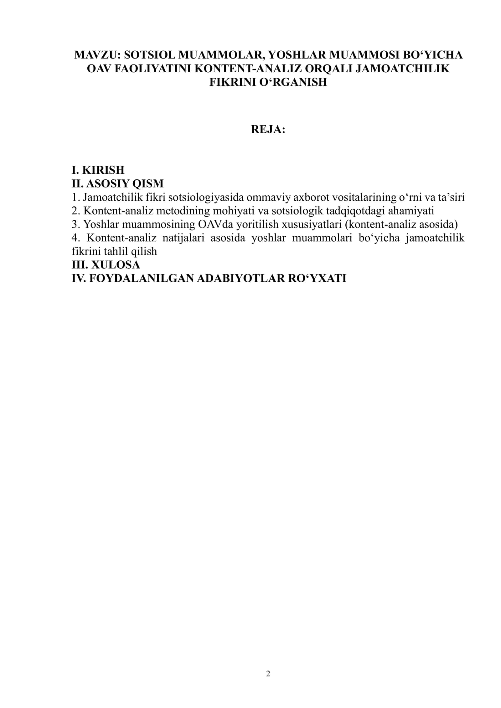 SOTSIOL MUAMMOLAR, YOSHLAR MUAMMOSI BO‘YICHA OAV FAOLIYATINI KONTENT-ANALIZ ORQALI JAMOATCHILIK FIKRINI O‘RGANISH 1
