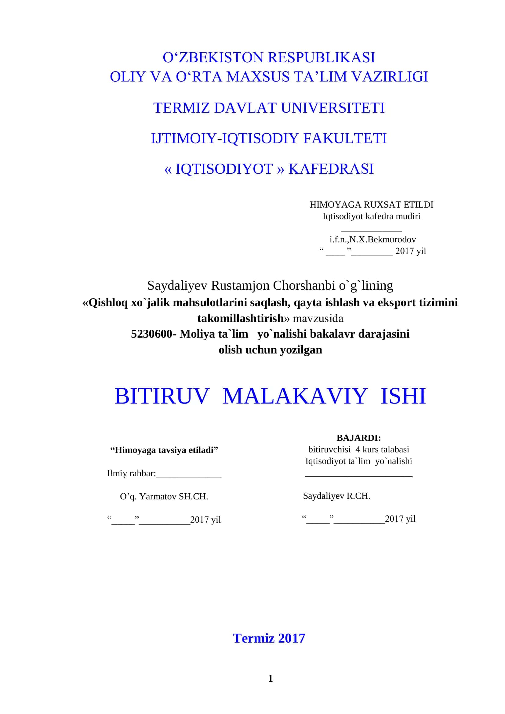 "Qishloq xo`jalik mahsulotlarini saqlash, qayta ishlash va eksport tizimini takomillashtirish" mavzusida BITIRUV MALAKAVIY ISHI 1
