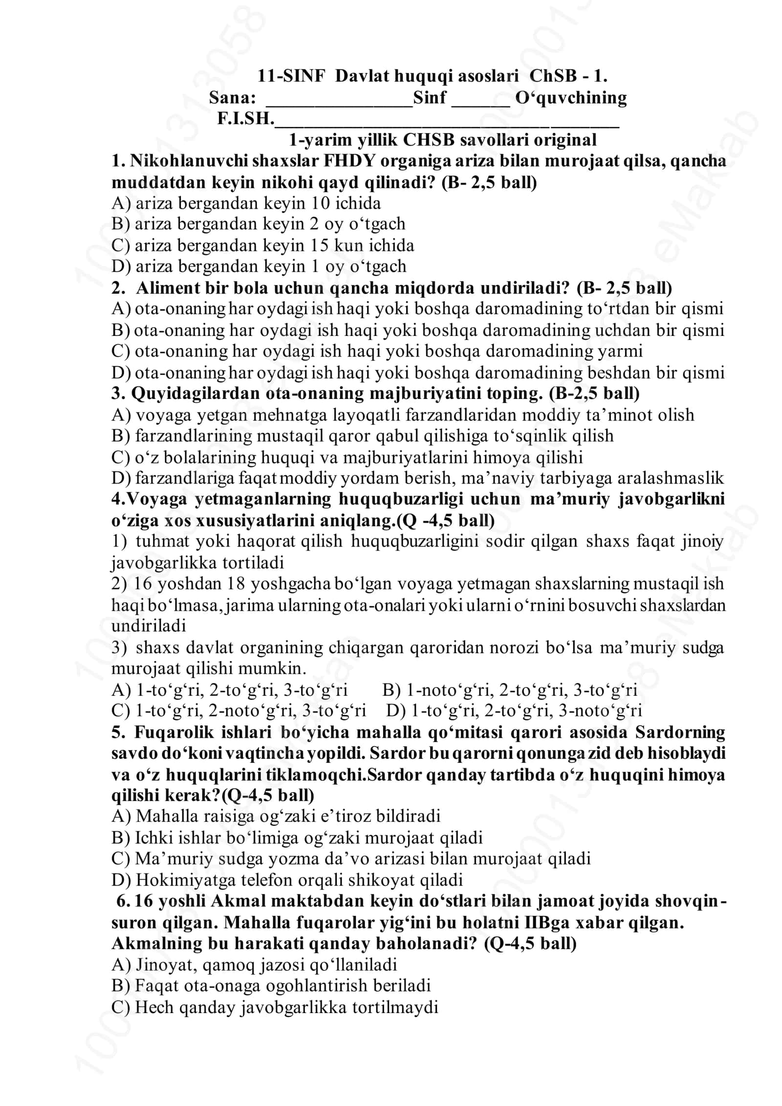 11-SINF Davlat huquqi asoslari ChSB - 1 1