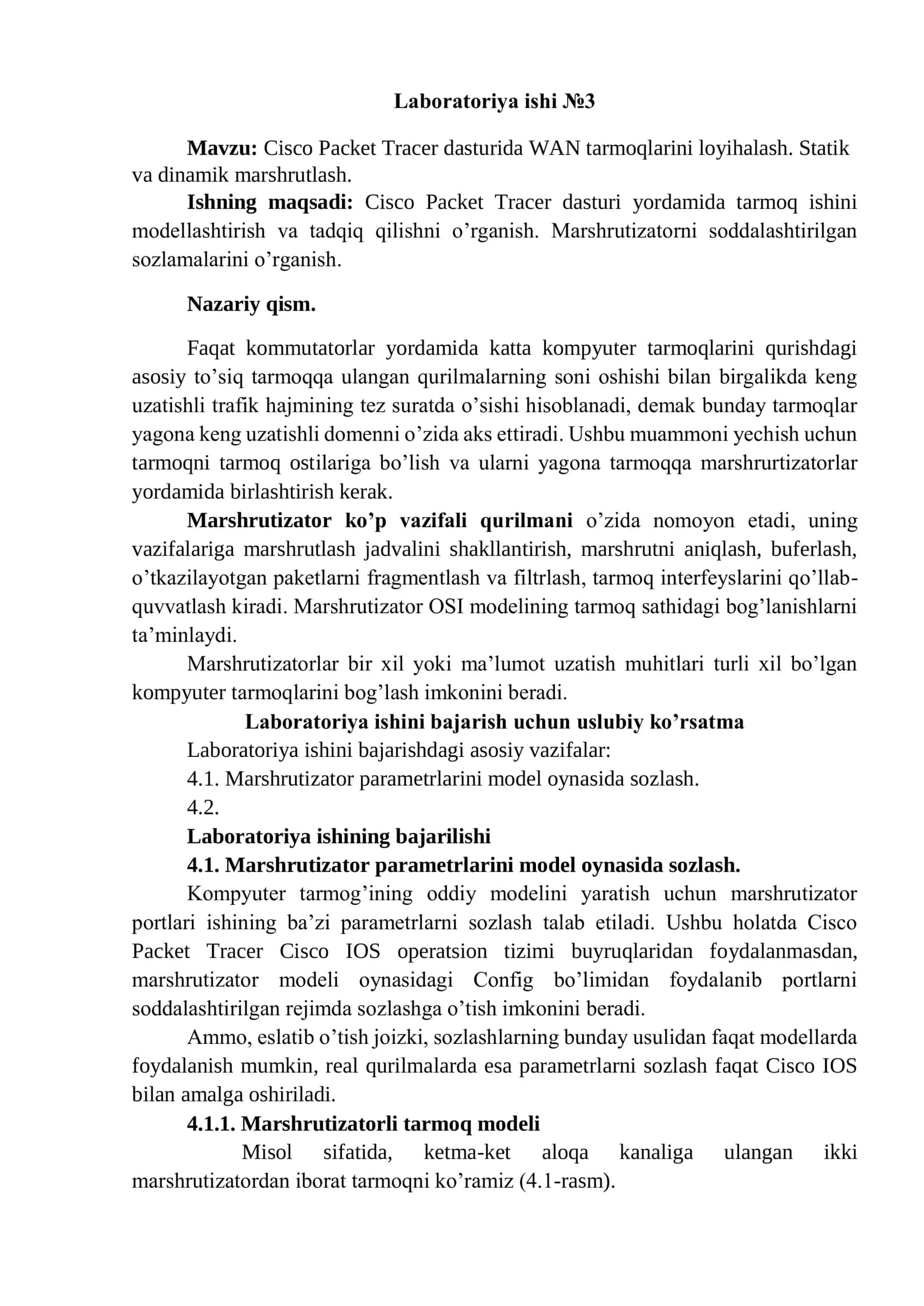 Cisco Packet Tracer dasturida WAN tarmoqlarini loyihalash. Statik  va dinamik marshrutlash. 1