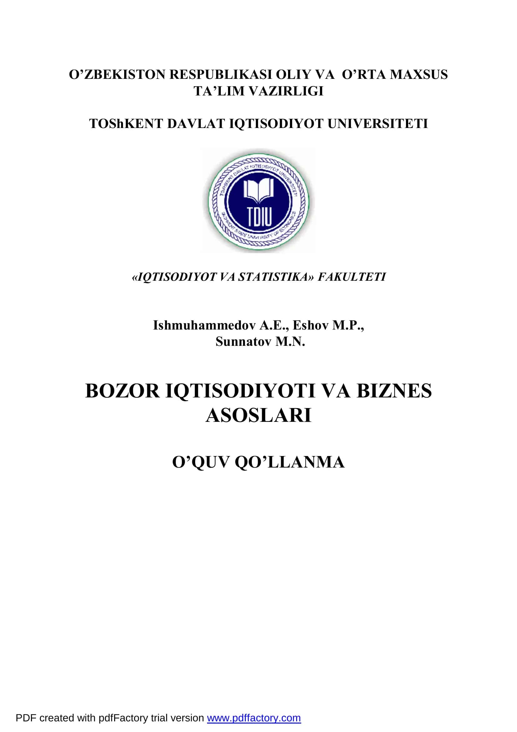 Bozor iqtisodiyoti va biznes asoslari 1