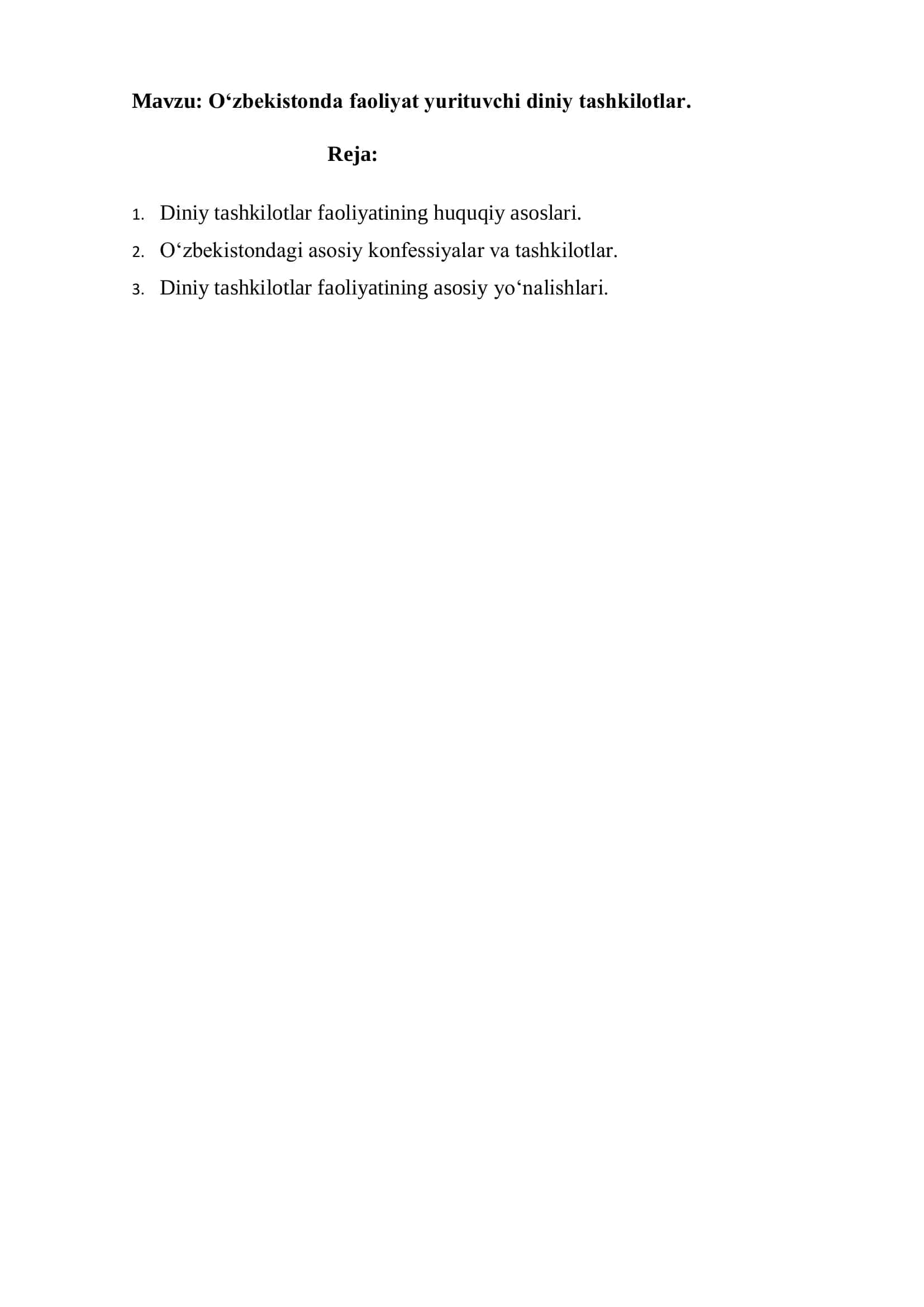 Oʻzbekistonda Faoliyat Yurituvchi Diniy Tashkilotlar 1