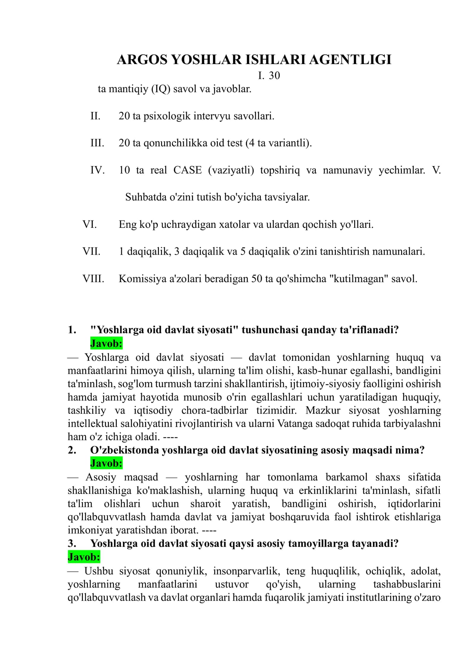 ARGOS YOSHLAR ISHLARI AGENTLIGI tetslar to'plami ORIGINAL 173 ta test javoblari 1