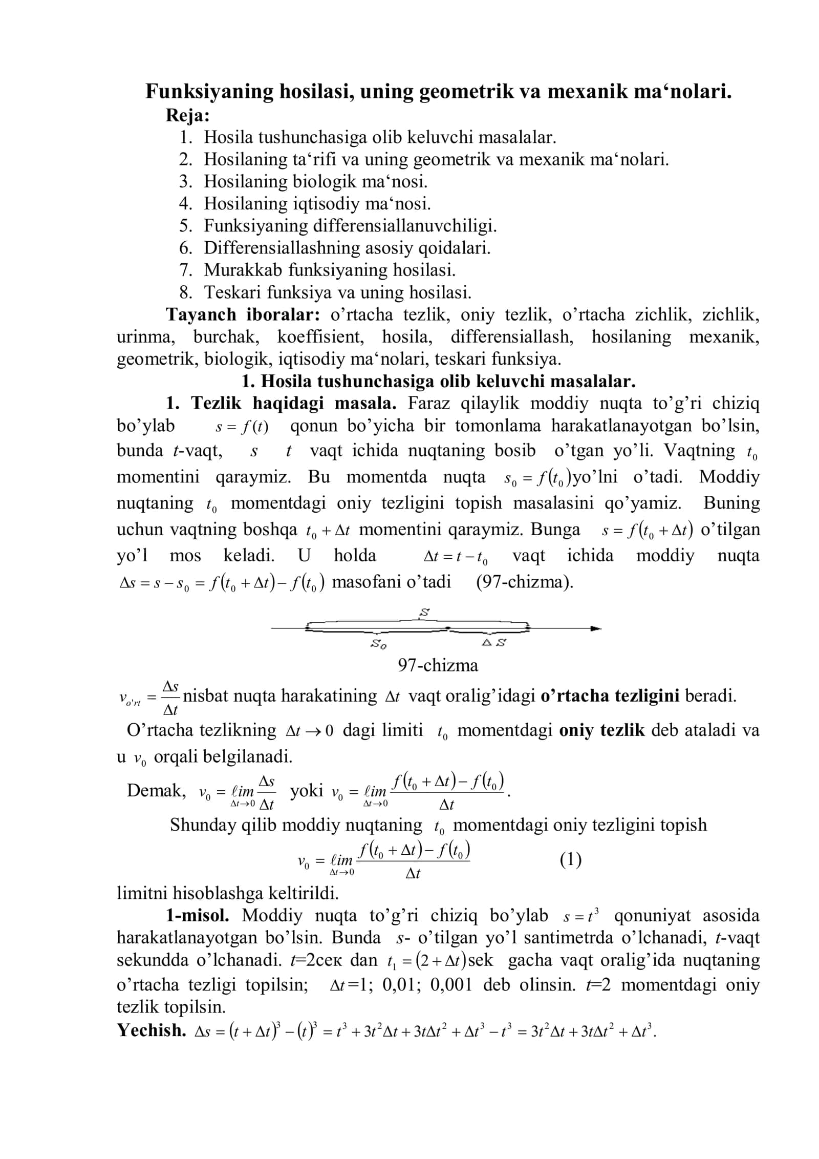 Hosila tushunchasi va uning mexanik va geometrik ma'nolari 1