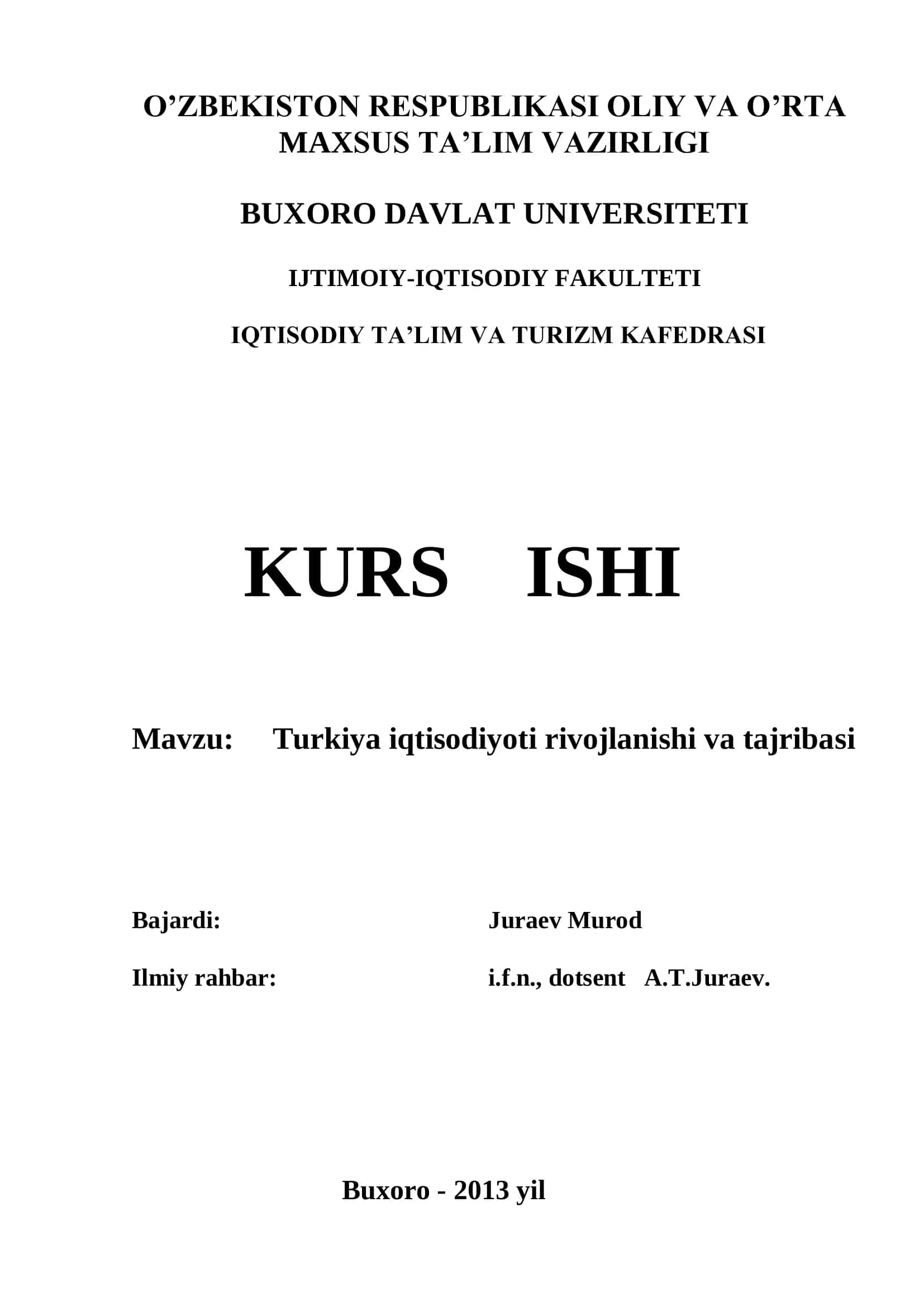 Turkiya iqtisodiyoti rivojlanishi va tajribasi 1