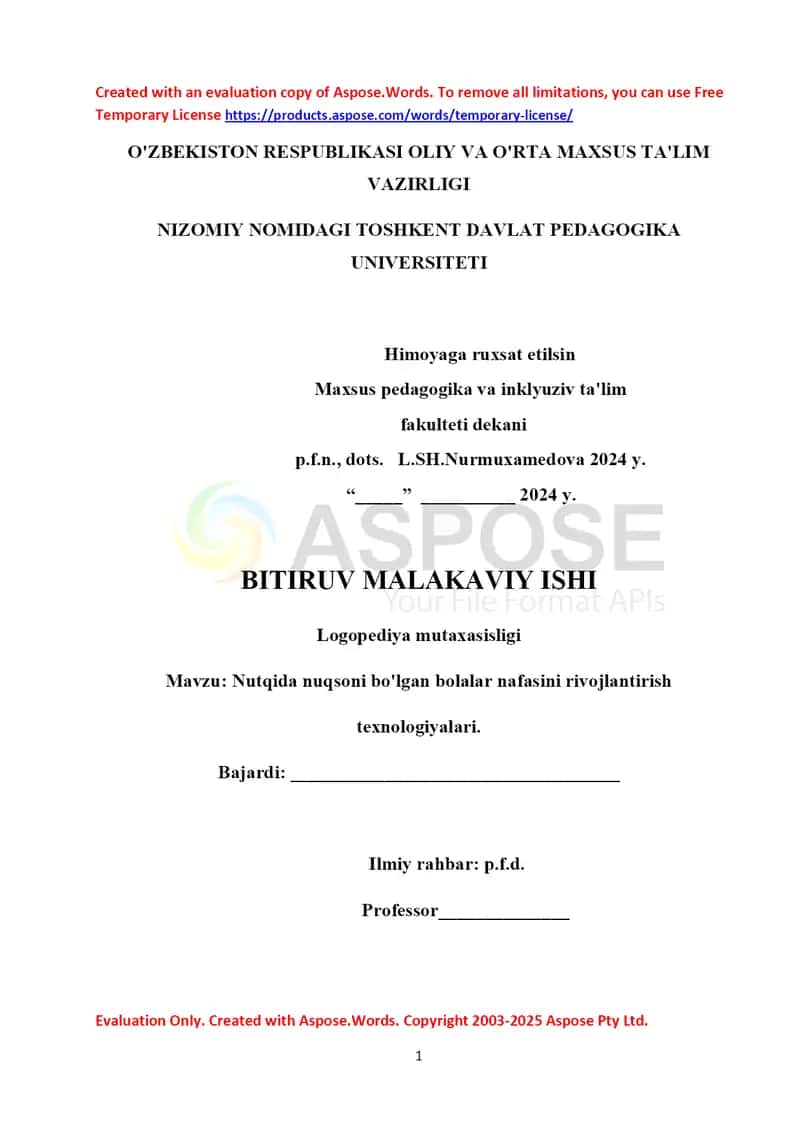 Nutqida nuqsoni bo'lgan bolalar nafasini rivojlantirish diplom ishi 1