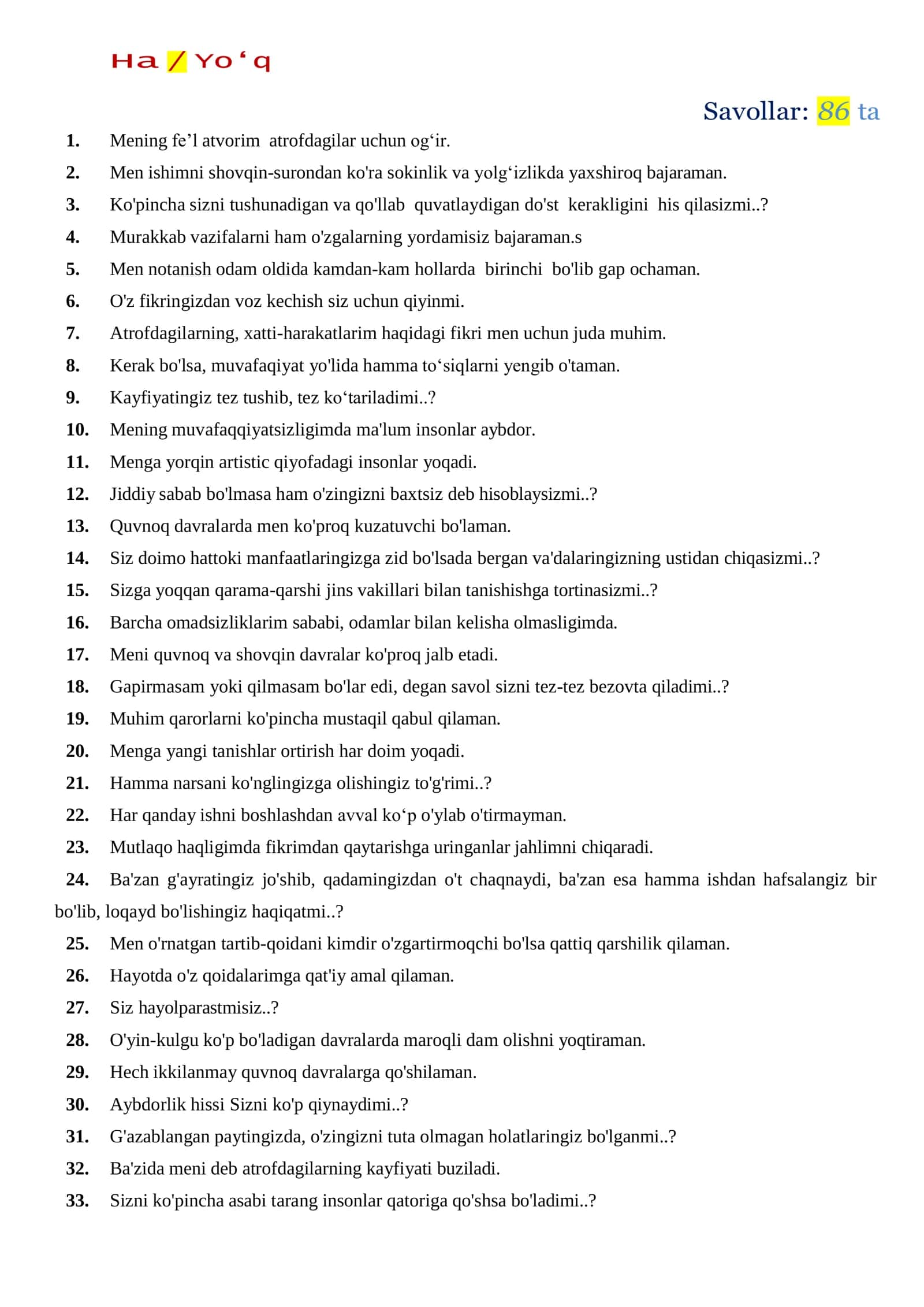 Ichki ishlar litseyiga topshirganlar uchun psixologiya savollari 1