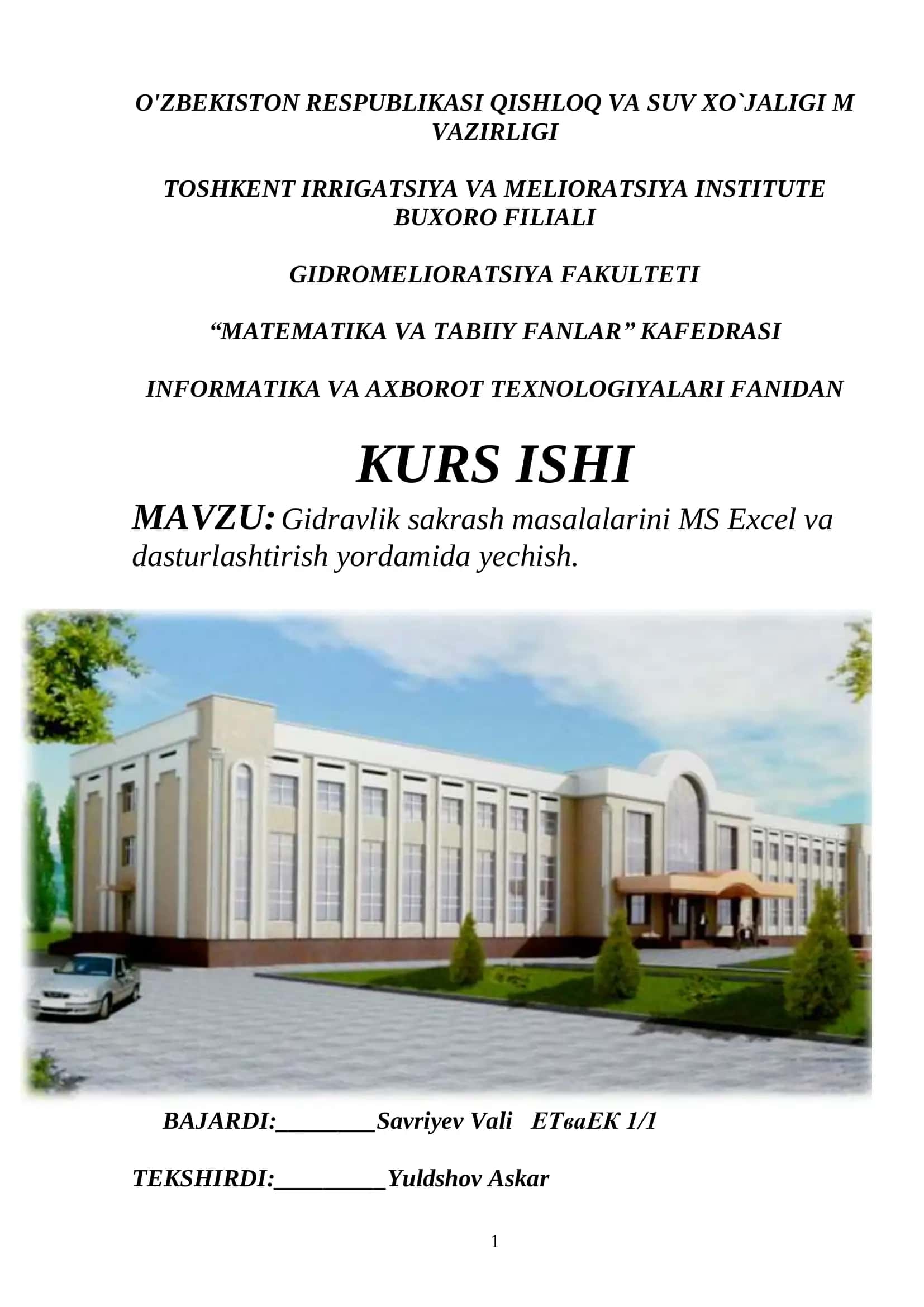 Kurs ishi "Gidravlik sakrash masalalarini MS Excel va dasturlashtirish yordamida yechish" 1