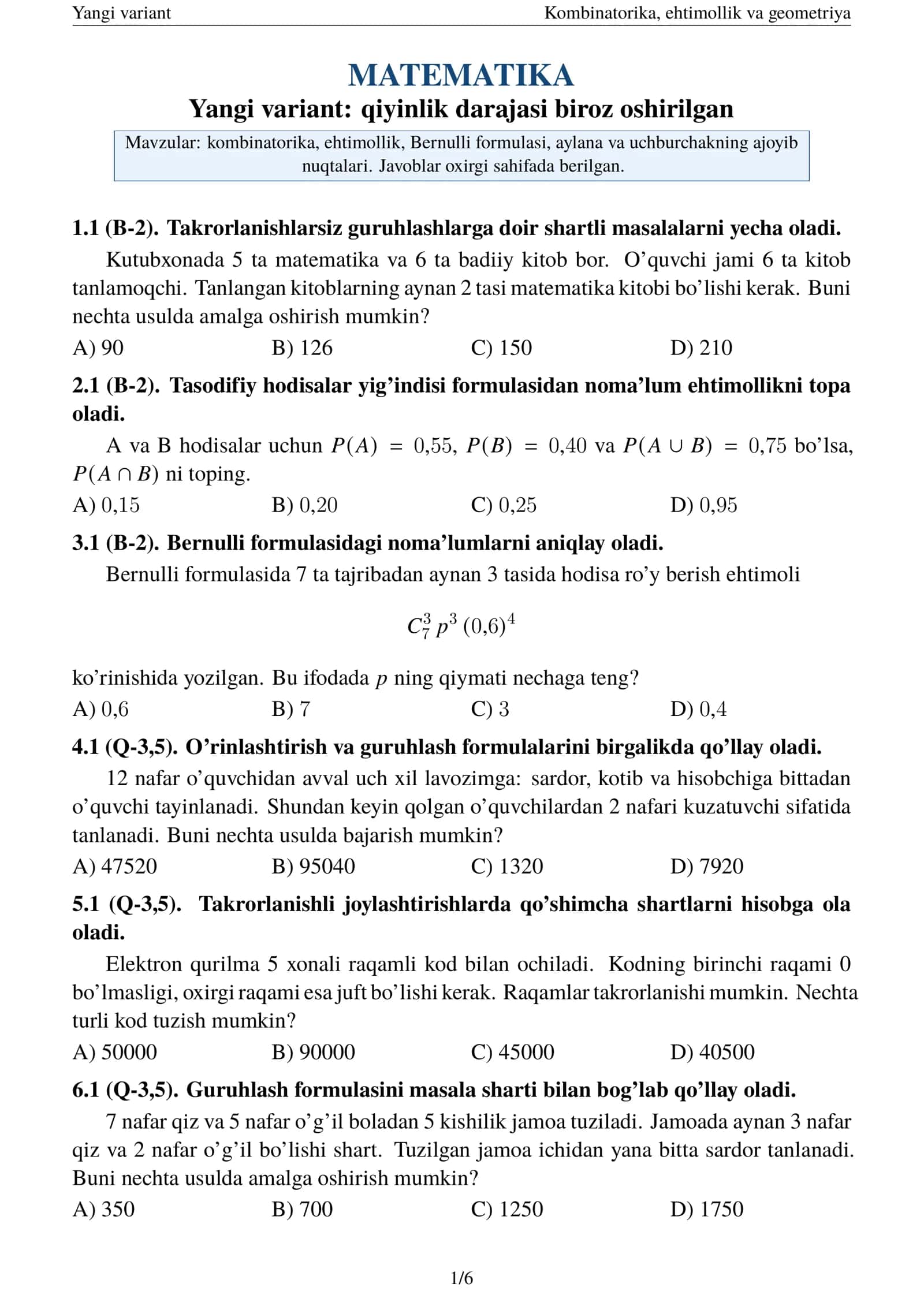 Kombinatorika, ehtimollik va geometriya 1