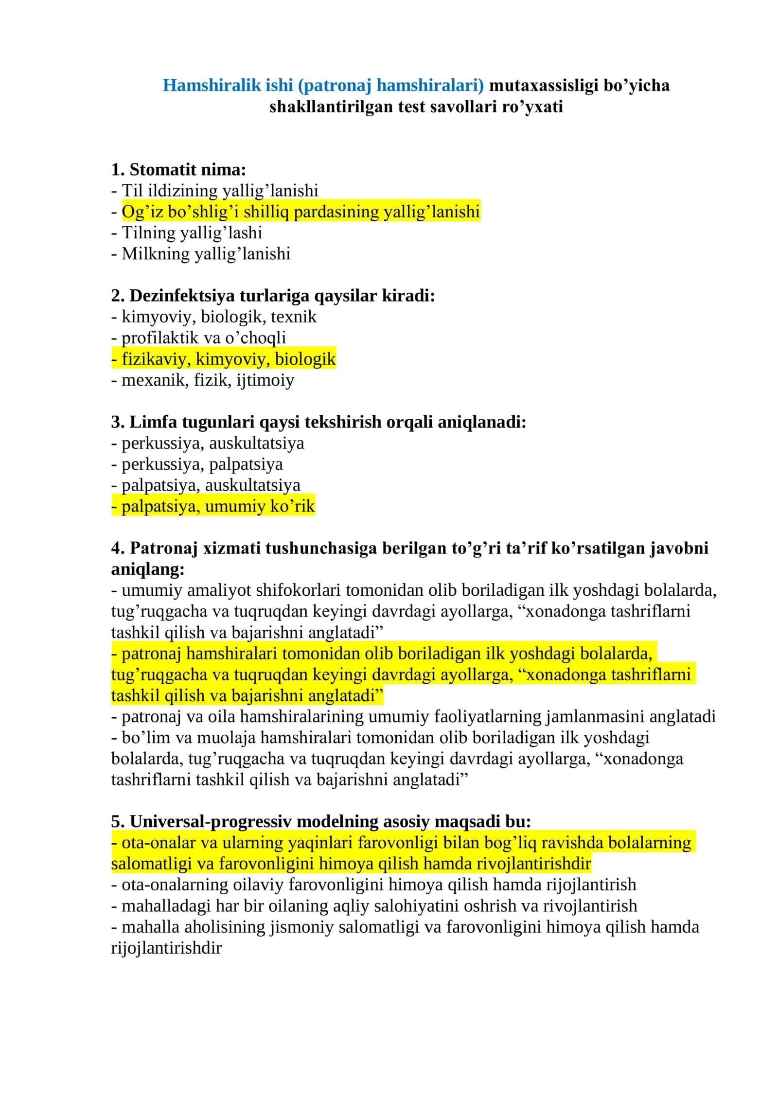 Hamshiralik ishi (patronaj hamshiralari) mutaxassisligi bo’yicha argos test savol javoblari 1