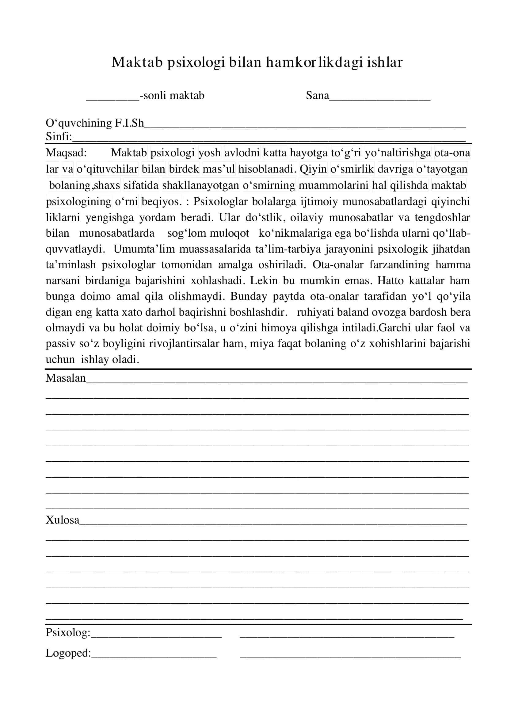 logoped Maktab psixologi bilan hamkorlikdagi ishlar 1