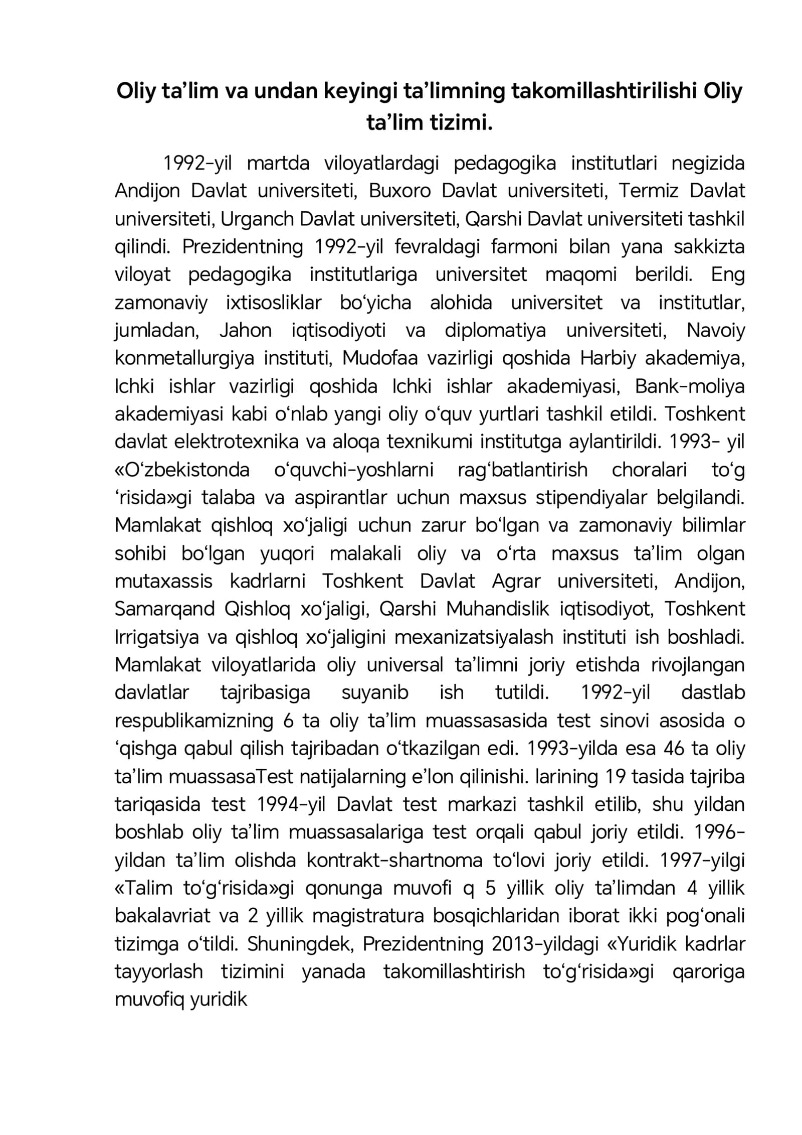 Oliy ta’lim va undan keyingi ta’limning takomillashtirilishi Oliy Ta’lim tizimi 1