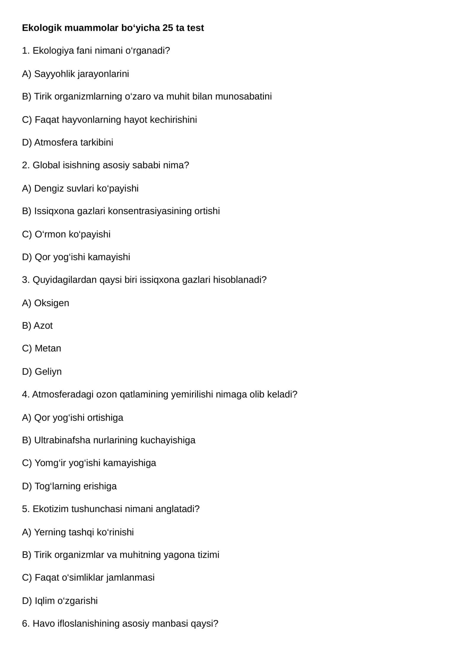 Ekologik muammolar bo‘yicha 25 ta test 1