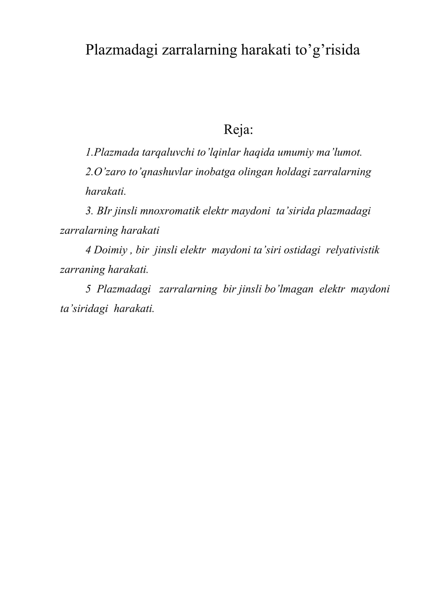 Plazmadagi zarralarning harakati to’g’risida 1