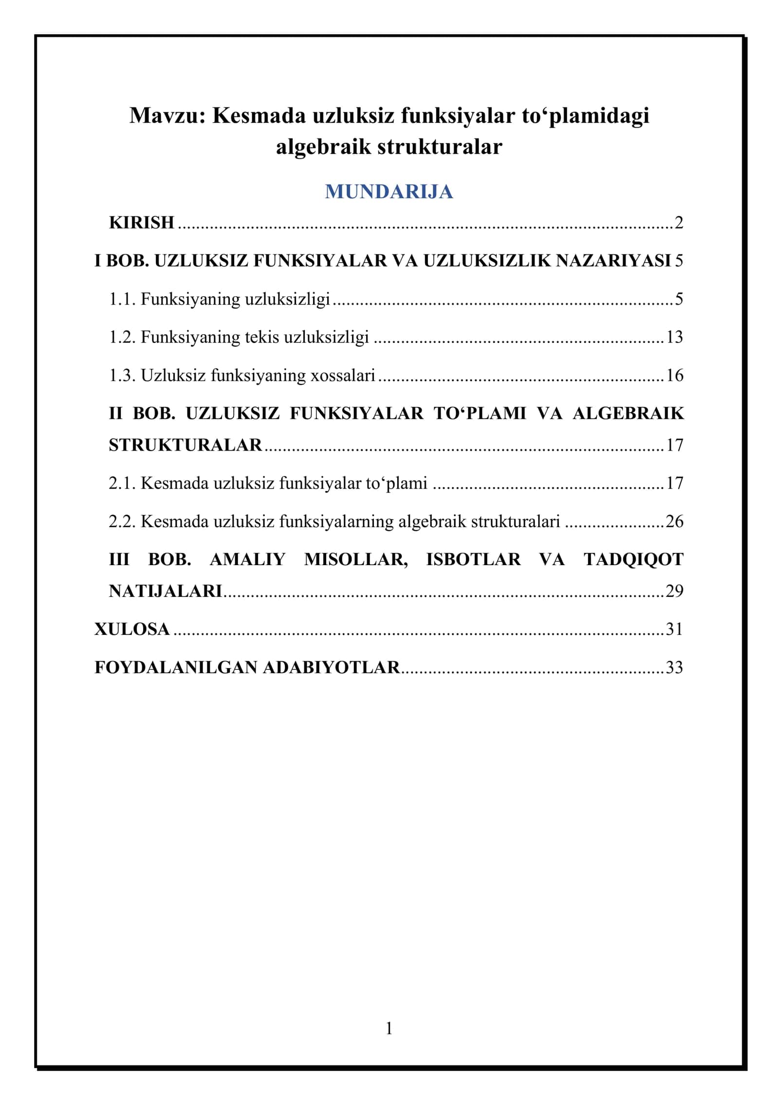 Kesmada uzluksiz funksiyalar to‘plamidagi algebraik strukturalar 1
