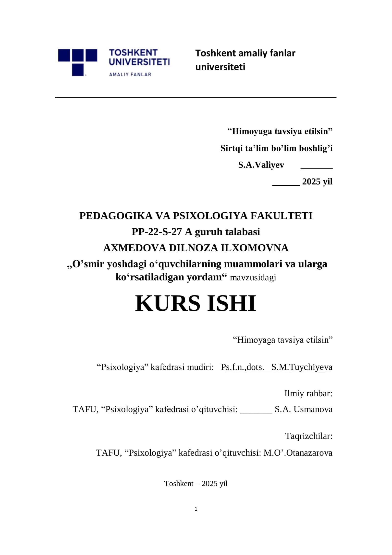 O’smir yoshdagi o‘quvchilarning muammolari va ularga ko‘rsatiladigan yordam 1