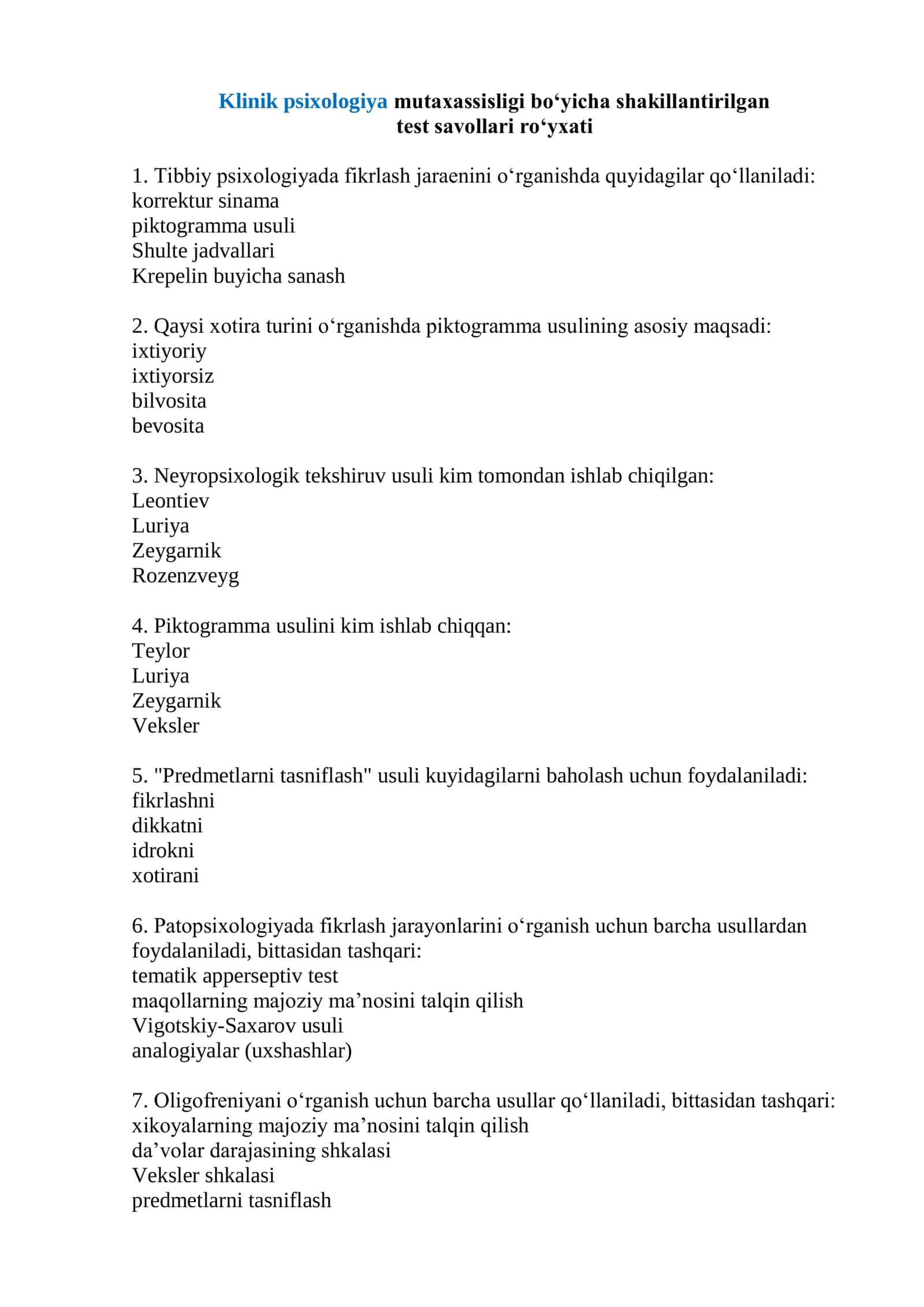 Klinik psixologiya mutaxassisligi boʻyicha shakillantirilgan test savollari roʻyxati 2026 1
